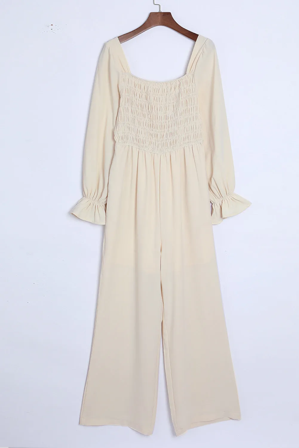 Sunset and Swim Smocked Long Flounce Sleeve Square Neck Jumpsuit
