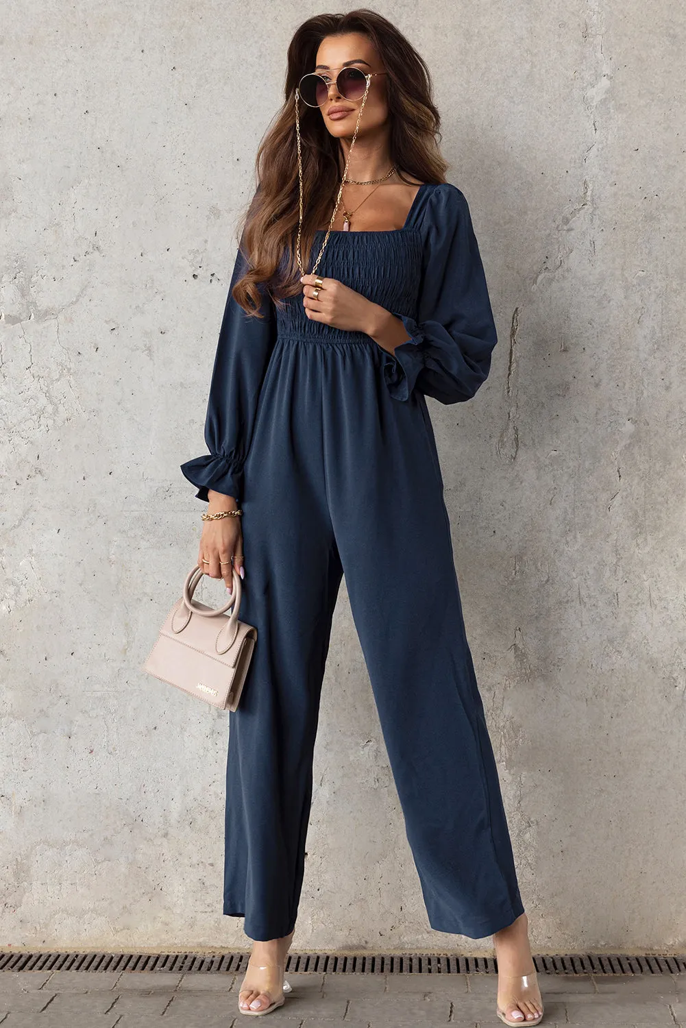 Sunset and Swim Smocked Long Flounce Sleeve Square Neck Jumpsuit