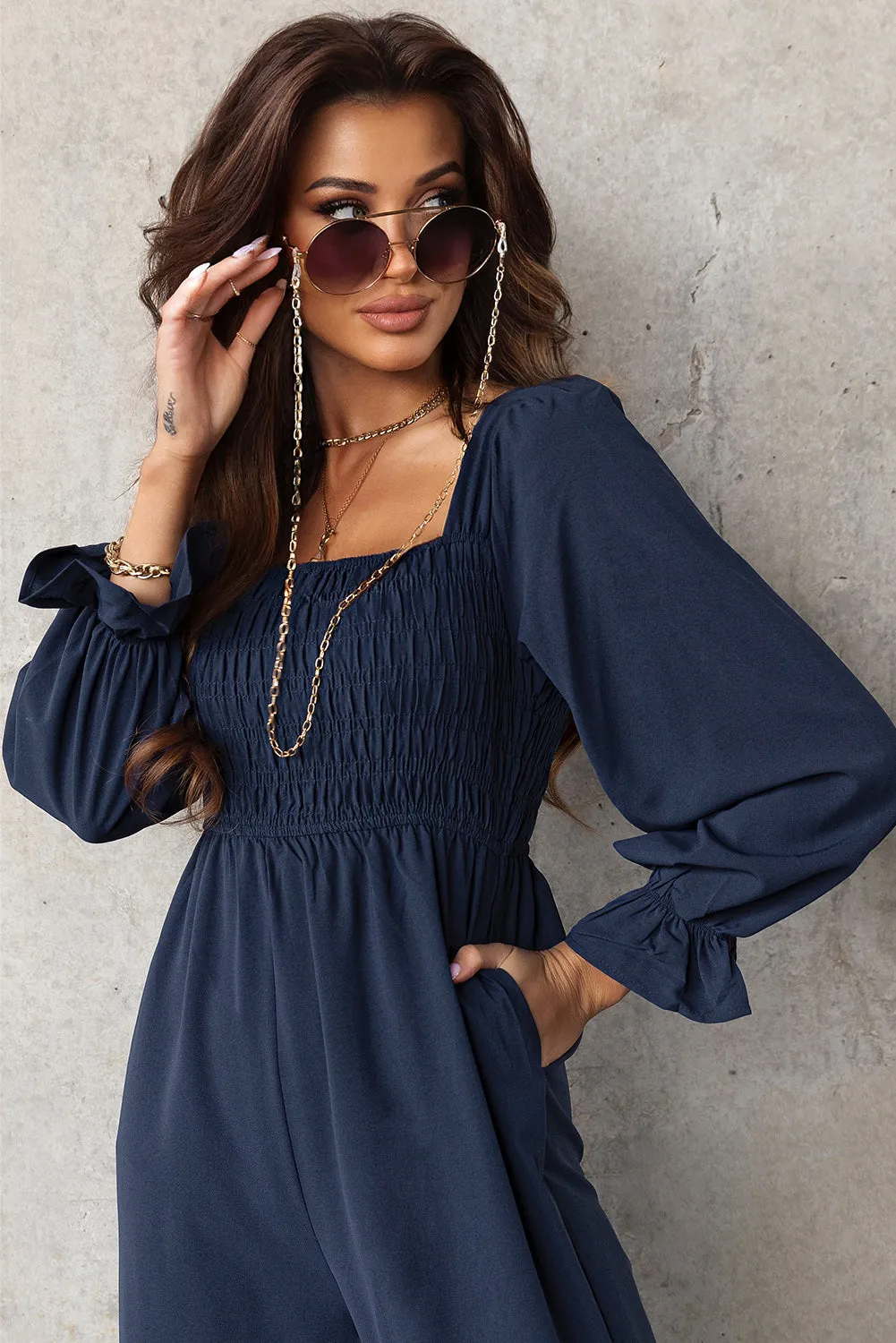 Sunset and Swim Smocked Long Flounce Sleeve Square Neck Jumpsuit
