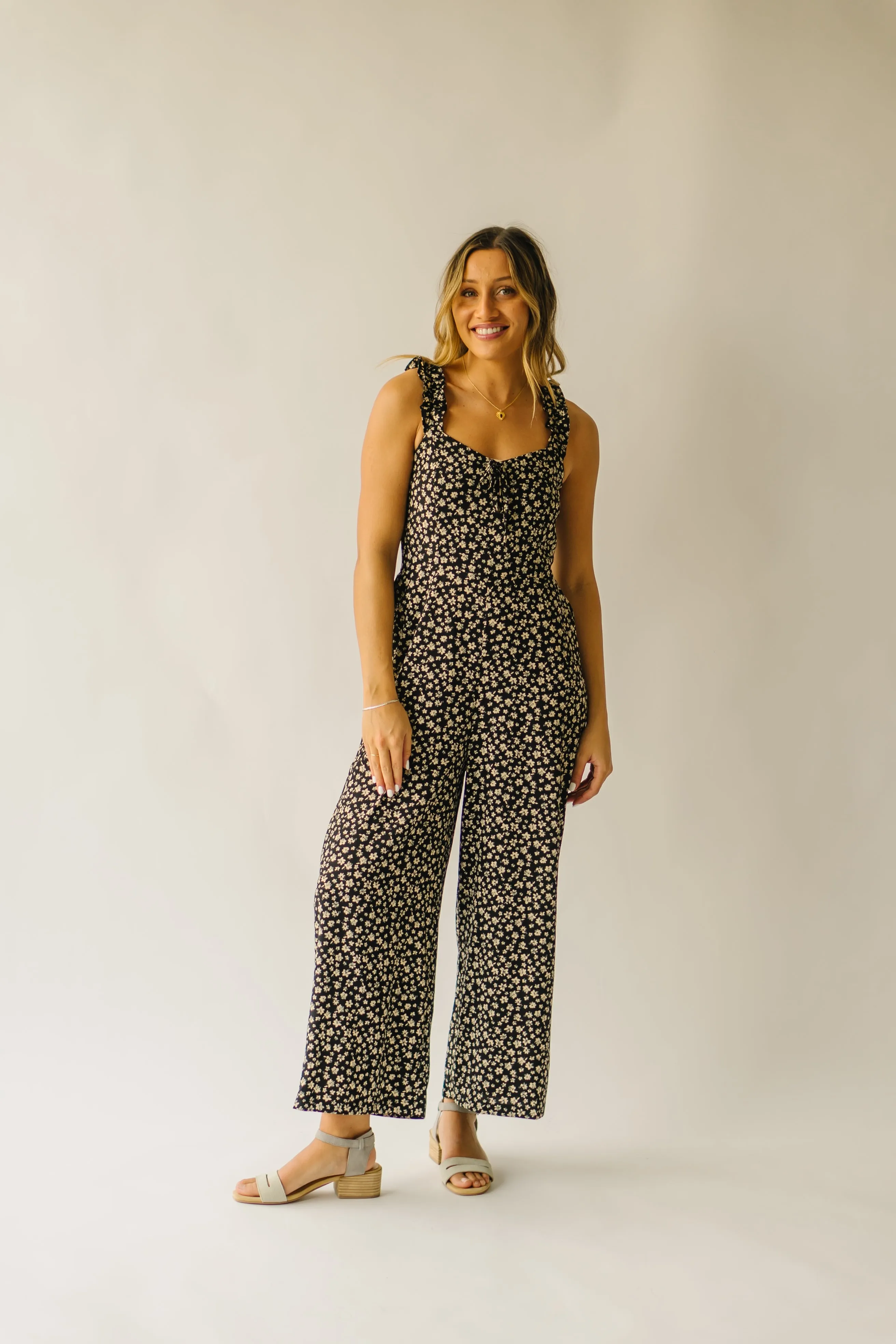 The Rosette Floral Tank Jumpsuit in Black