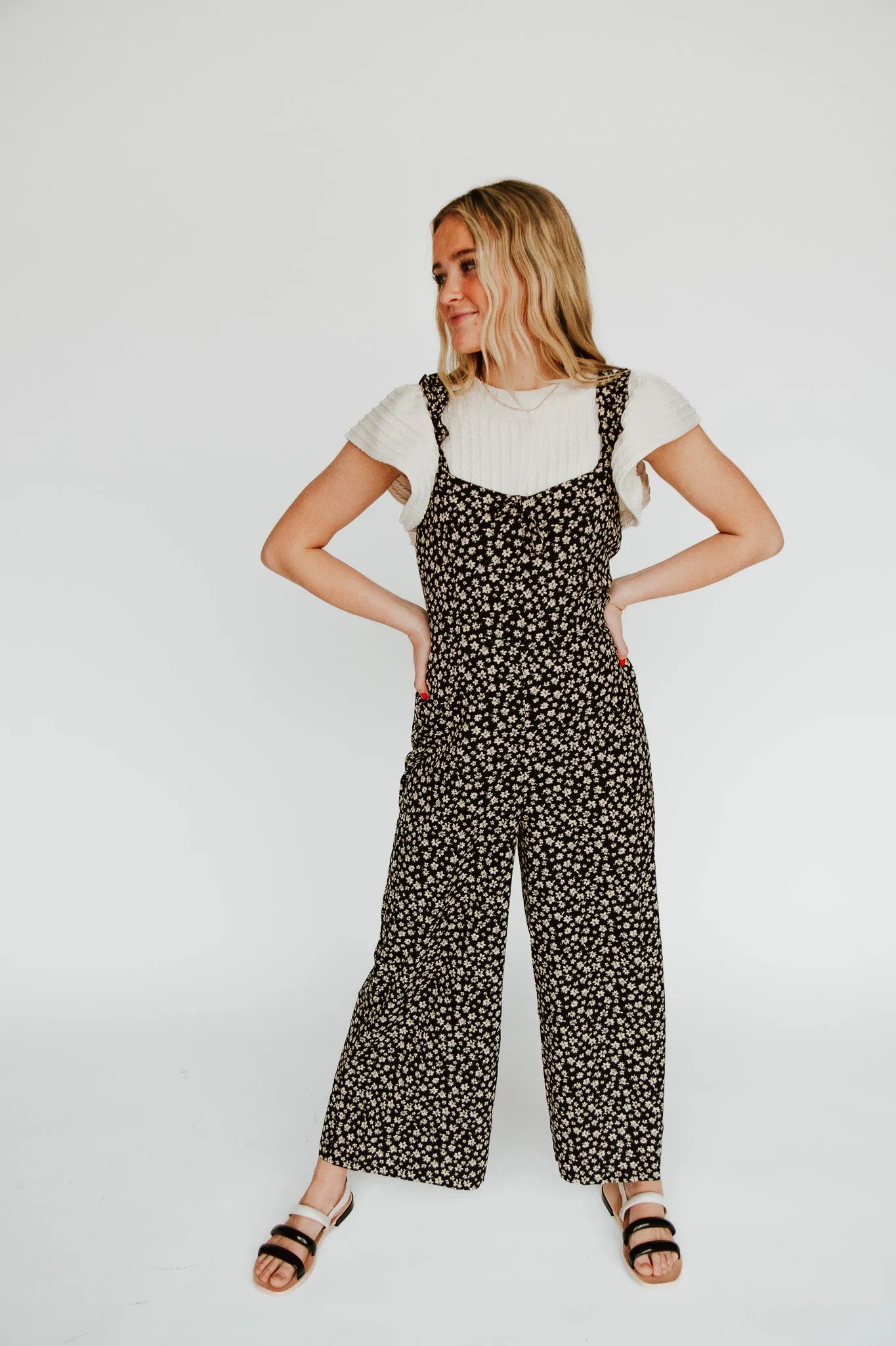 The Rosette Floral Tank Jumpsuit in Black