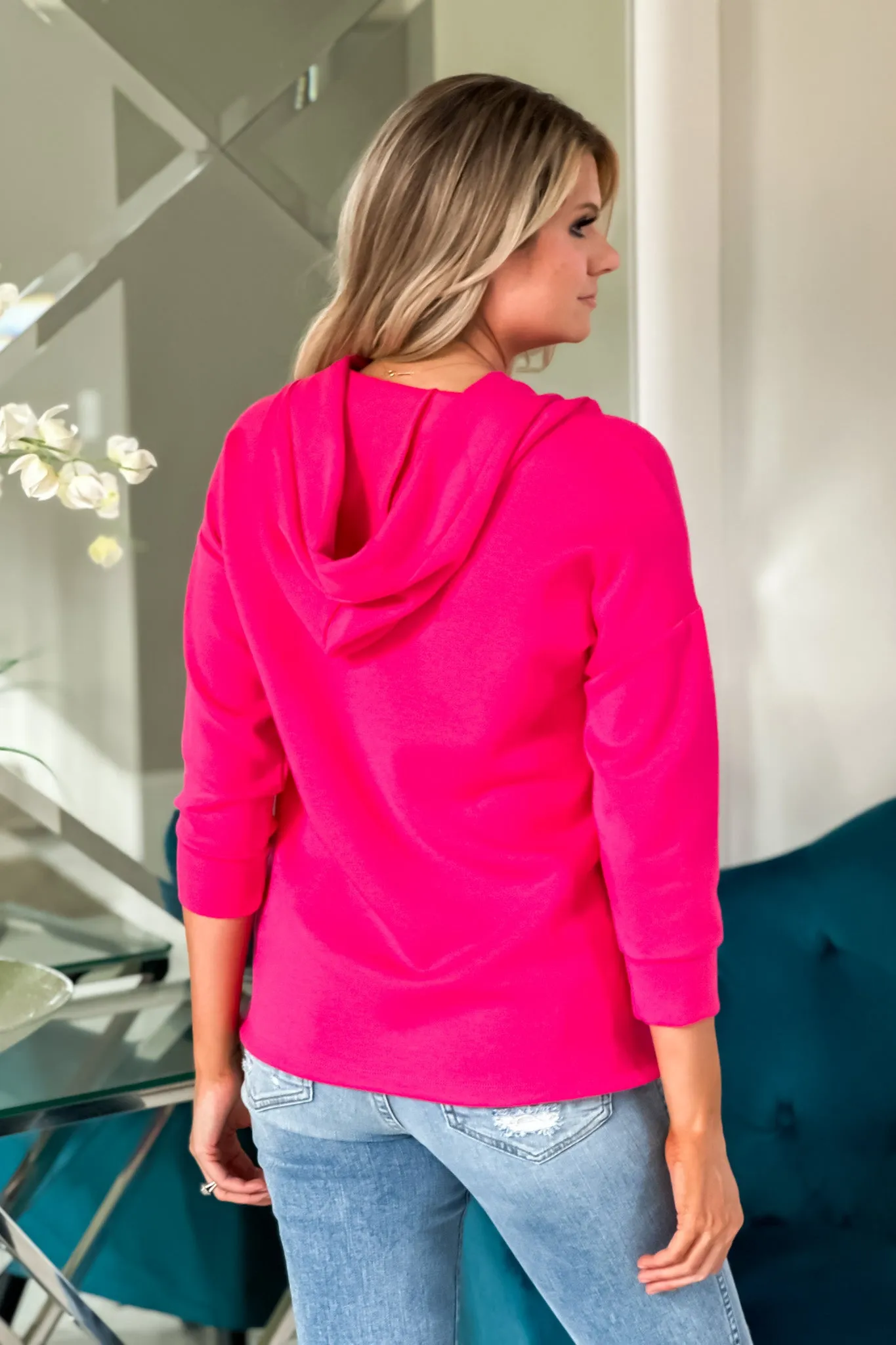 Tribal Becky Drop Shoulder 3/4 Sleeve Dolman Hooded Tunic : Raspberry