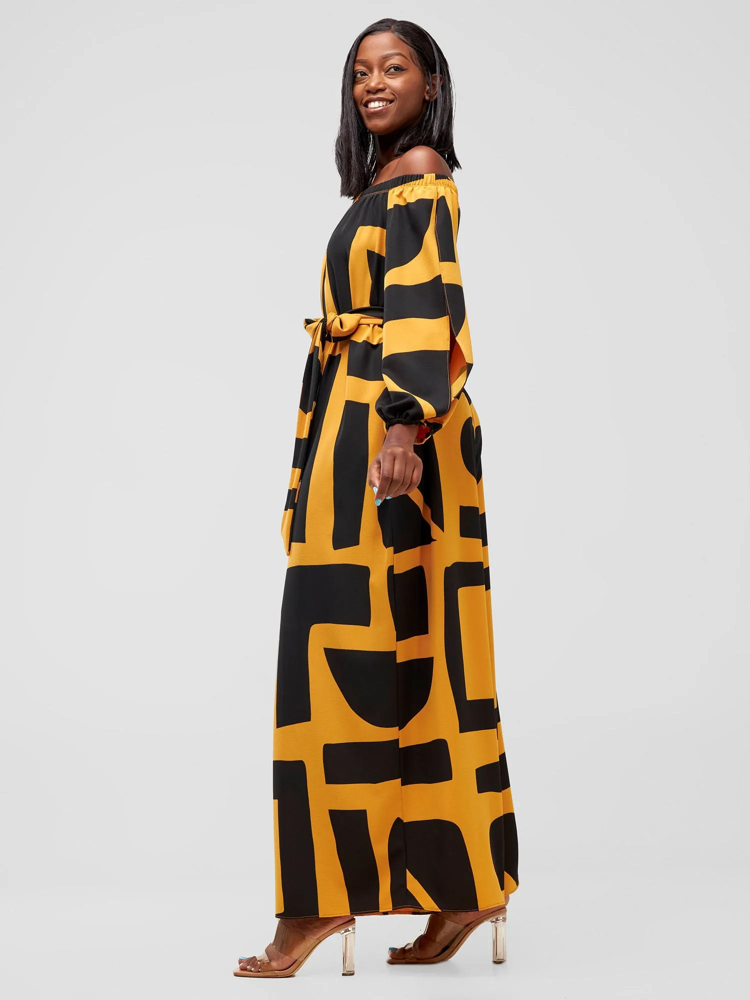 Vivo Yumi Off Shoulder Jumpsuit - Mustard Meza Print