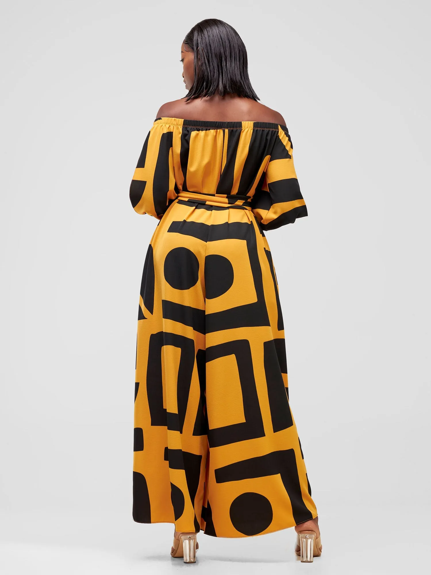 Vivo Yumi Off Shoulder Jumpsuit - Mustard Meza Print